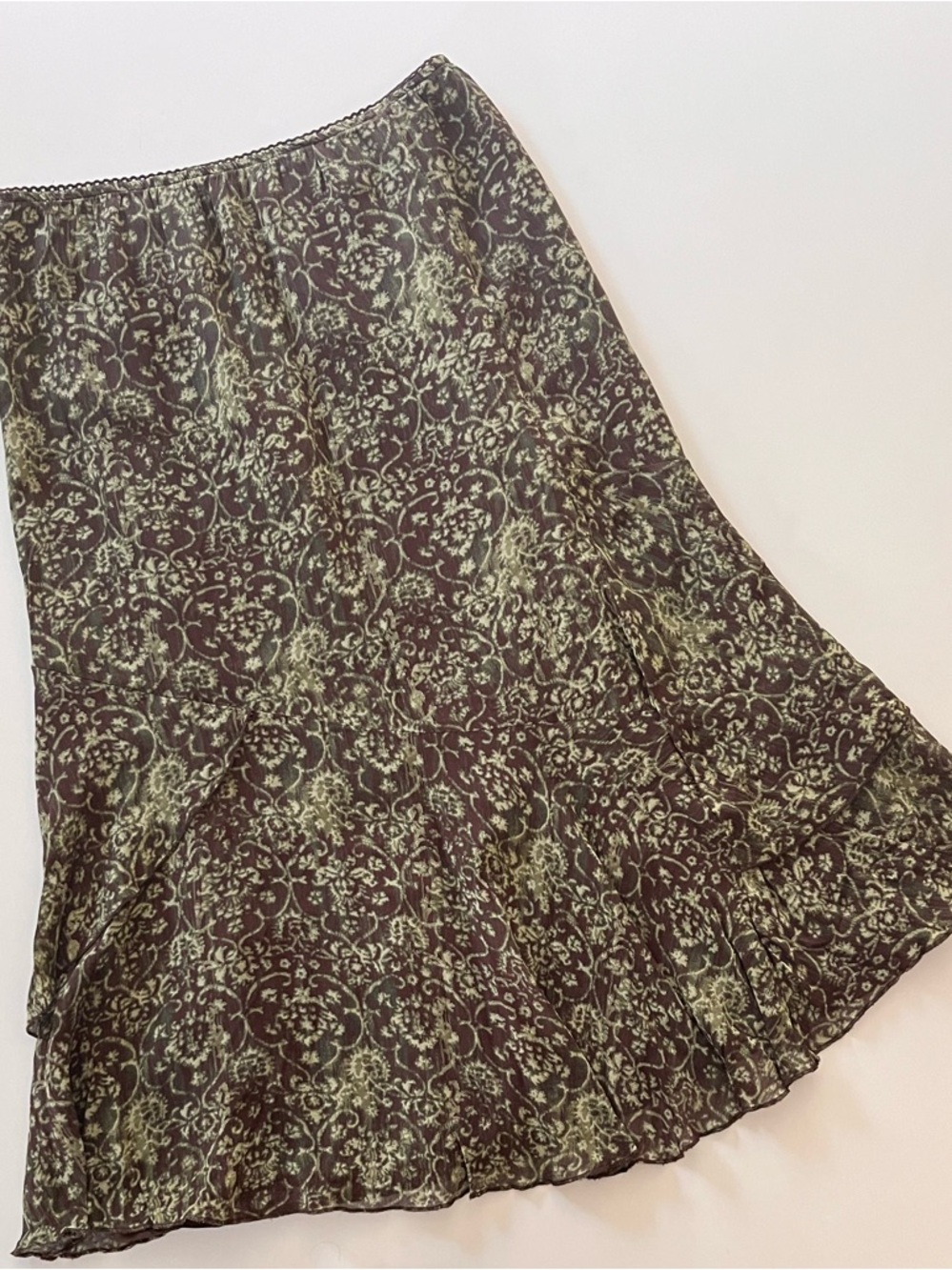 Y2K Green and Brown Flare Midi Skirt with Flowy Layers Size 4